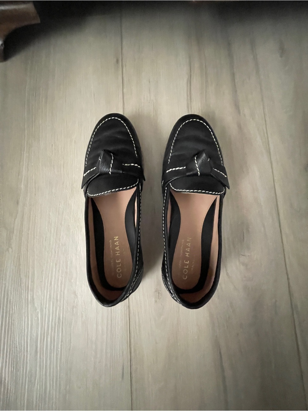 Cole Haan Black Leather Loafers with White Stitching